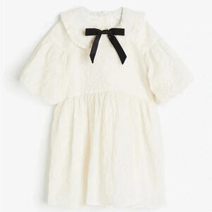 H&M kids dress textured peter pan collar toddler girl ruffle bows ivory formal